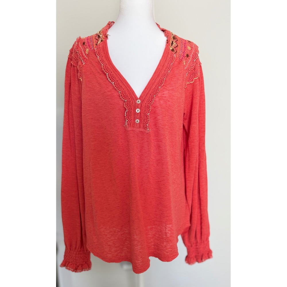 Free People Coral Pink Crochet Embroidered Henley Boho Long Sleeve Top Women M - Picture 1 of 15